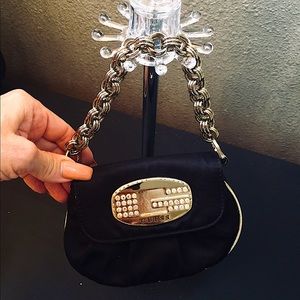 GUESS Purselet, Black satin ,gold chunky chain .